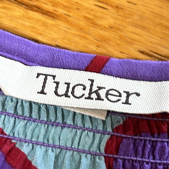 Tucker purple and red floral button front dress. Smocked neckline. Size Small. - Picture 2 of 14